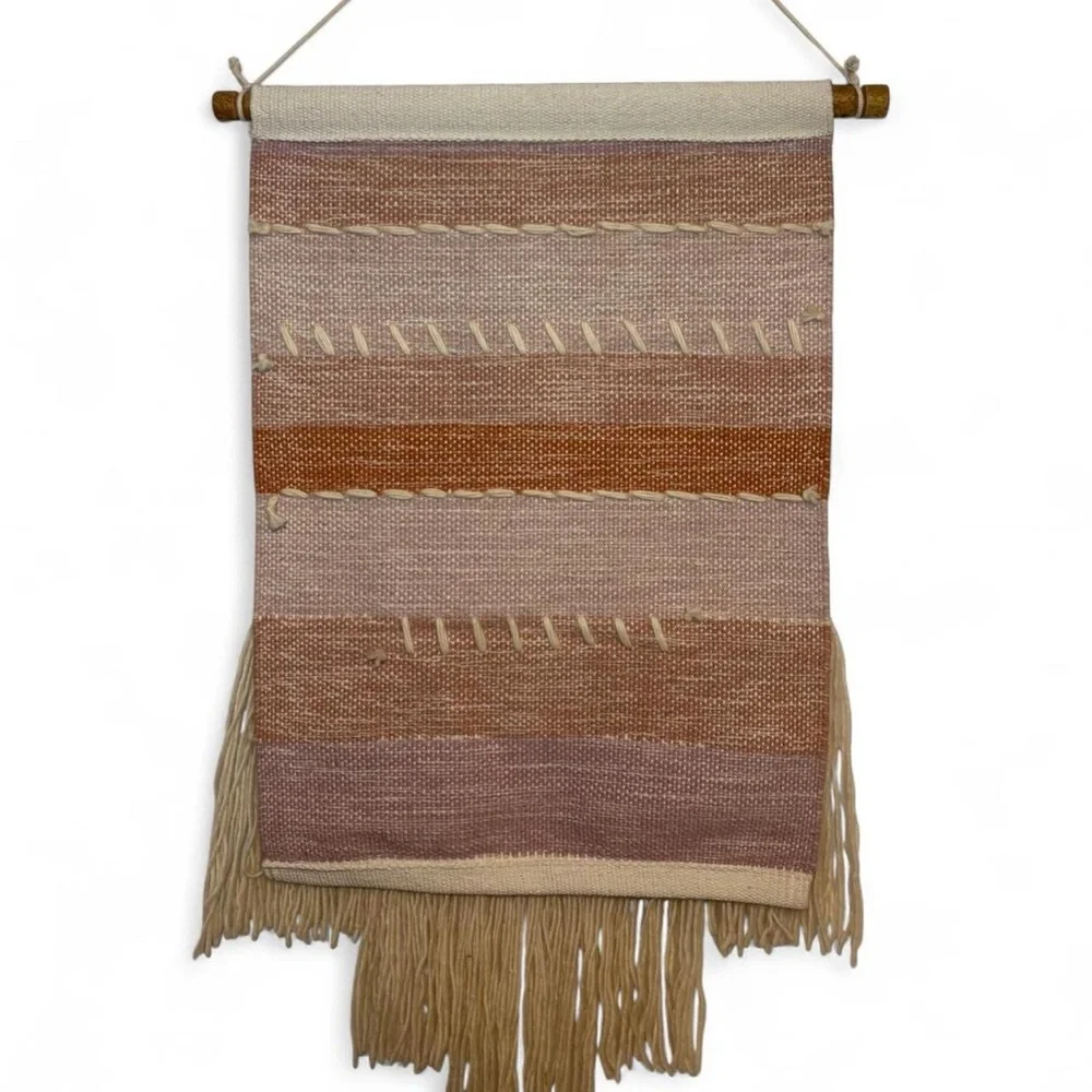 Handcrafted Woven Wall Hanging in Terracotta, Cream, and Pale Pinks